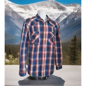 Double Pump Western Shirt XL Blue/Red Plaid Long Sleeve Pearl Snap Pockets